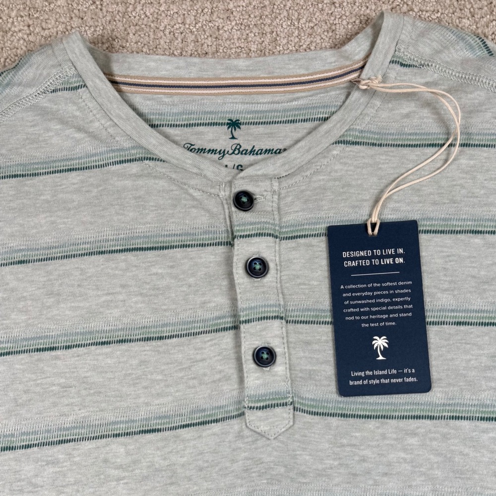 NEW Tommy Bahama Mens Large Striped Organic Cotton Short Sleeve Henley Shirt